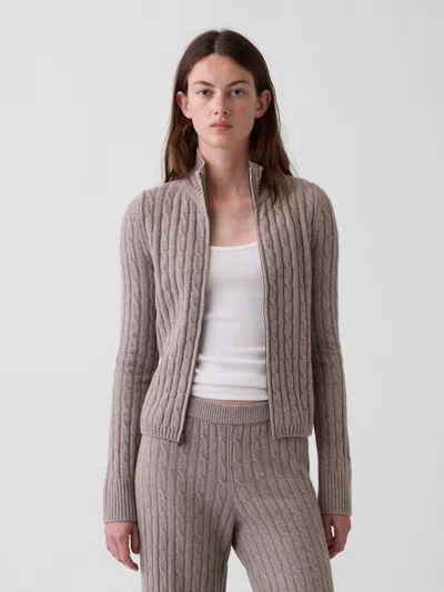Gap Cashsoft Cable-knit Zip Cardigan In Brown