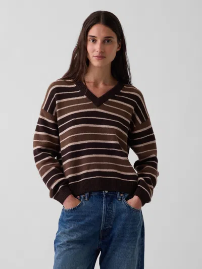 Gap Cashsoft Oversized V-neck Sweater In Brown Stripe