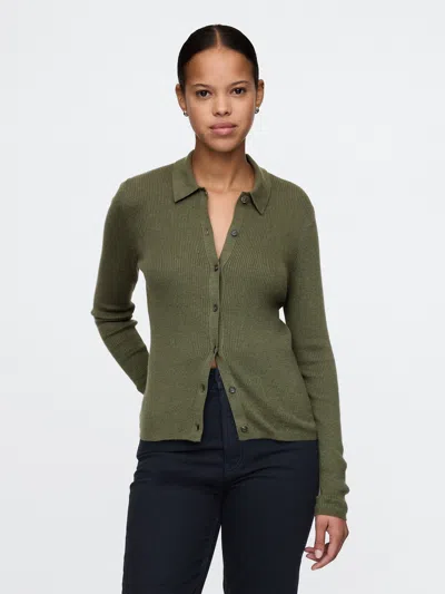 Gap Cashsoft Rib Polo Shirt Cardigan In Thyme Green
