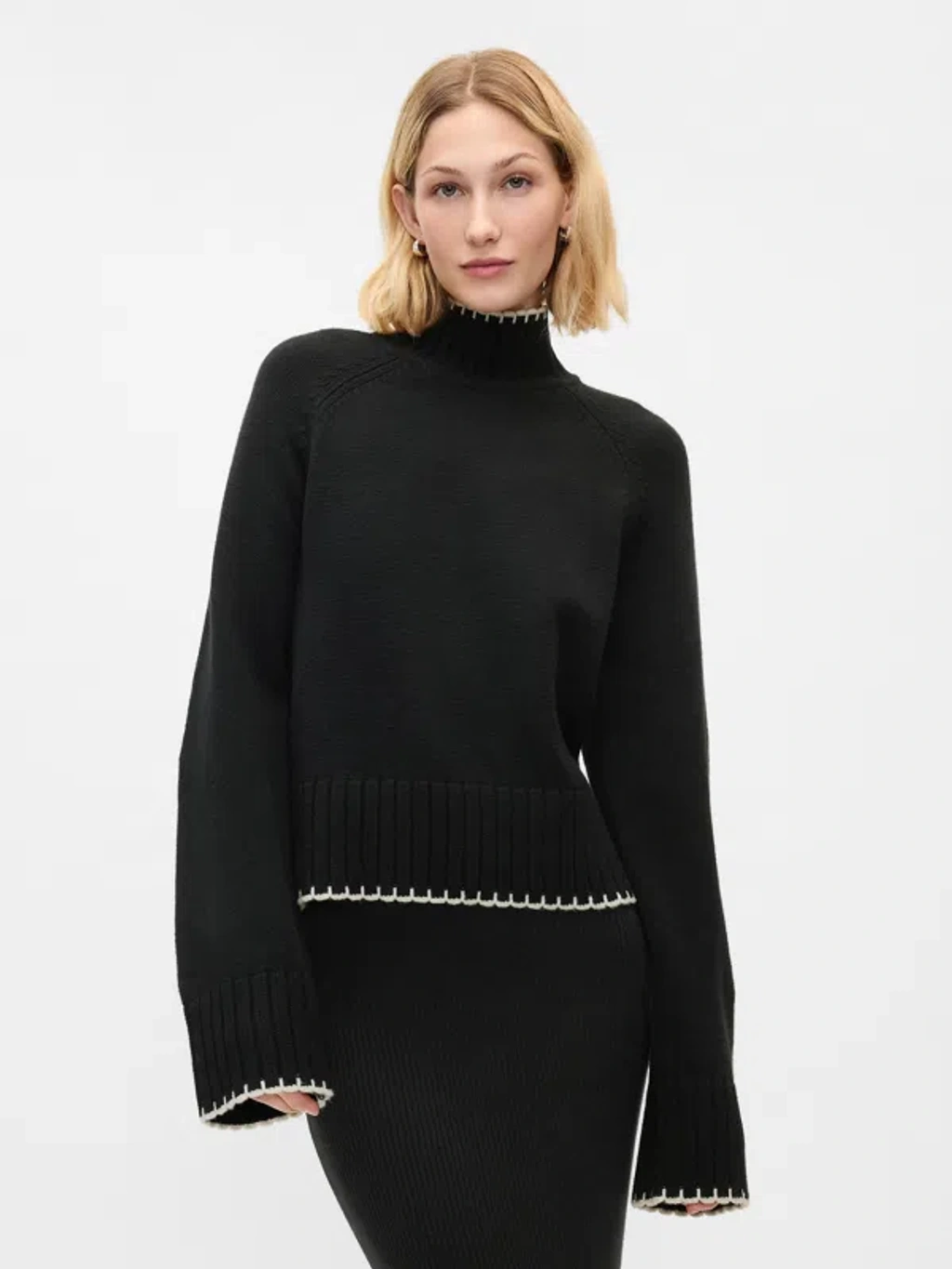 Gap Cashsoft Turtleneck Sweater In Black With Off White Trim