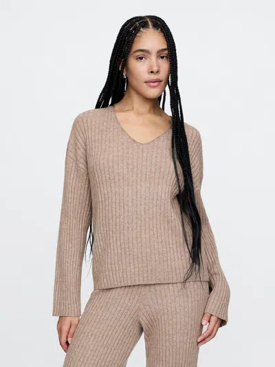 Gap Cashsoft Wide Rib V-neck Sweater In Flannel Taupe Beige