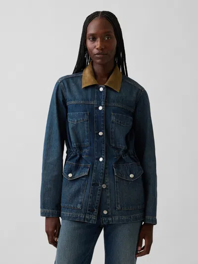 Gap Cinched-waist Denim Chore Jacket In Dark Wash