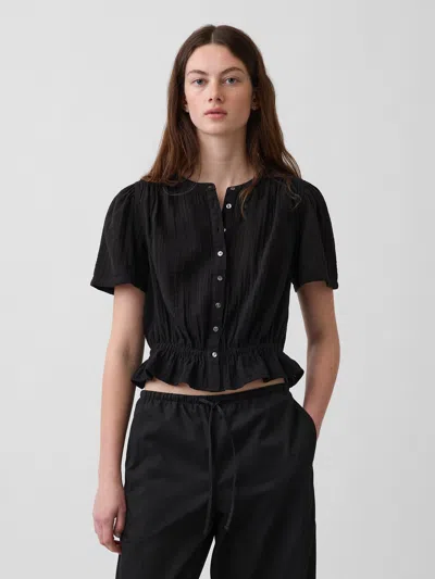Gap Cotton Gauze Button-front Crop Peplum Top In Nude