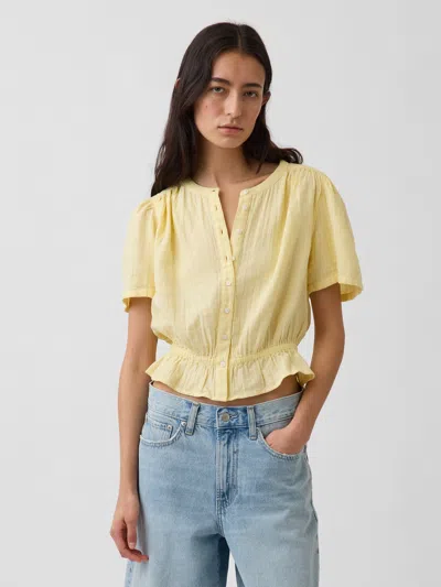 Gap Cotton Gauze Button-front Crop Peplum Top In Yellow