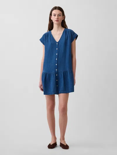 Gap Cotton Gauze Denim Drop-waist Mini Shirtdress In Blue