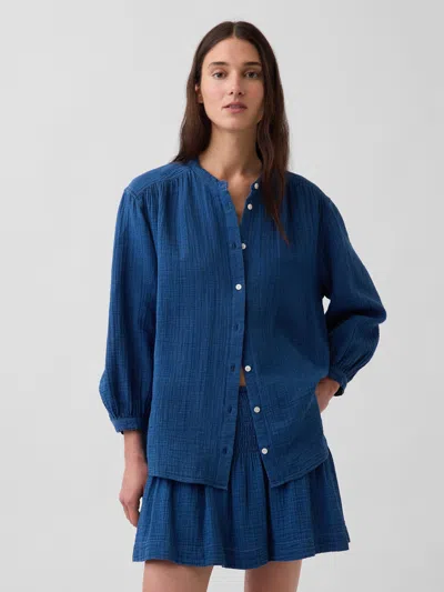 Gap Cotton Gauze Denim Oversized Collarless Shirt In Blue