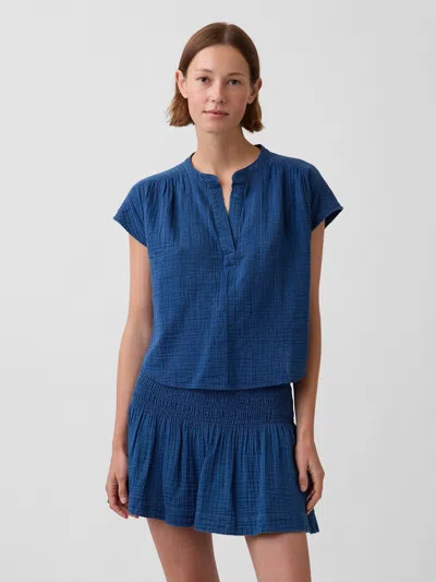 Gap Cotton Gauze Denim Oversized Split-neck Top In Blue