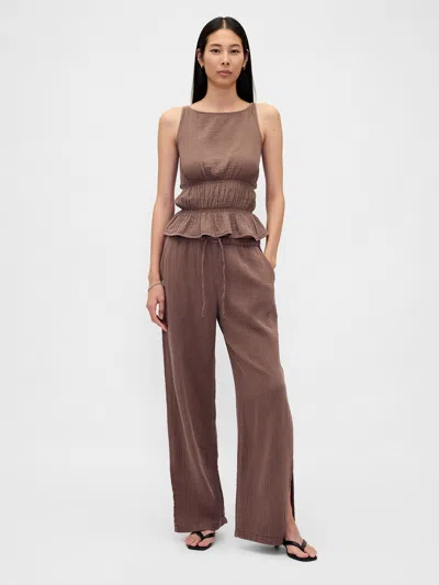 Gap Cotton Gauze Easy Split-hem Pants In Brown