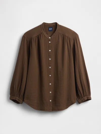 Gap Cotton Gauze Oversized Collarless Shirt In Brown
