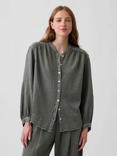 Gap Cotton Gauze Oversized Collarless Shirt In Green