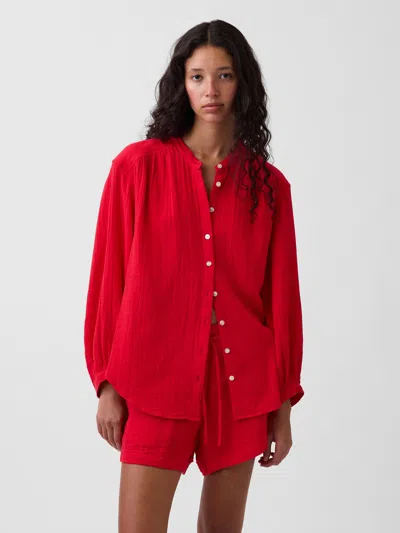 Gap Cotton Gauze Oversized Collarless Shirt In Red