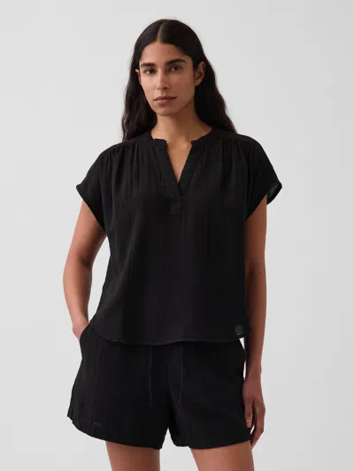 Gap Cotton Gauze Oversized Split-neck Top In Black