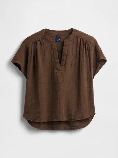 Gap Cotton Gauze Oversized Split-neck Top In Brown