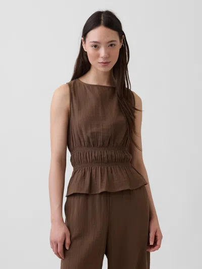 Gap Cotton Gauze Smocked-waist Peplum Top In Brown