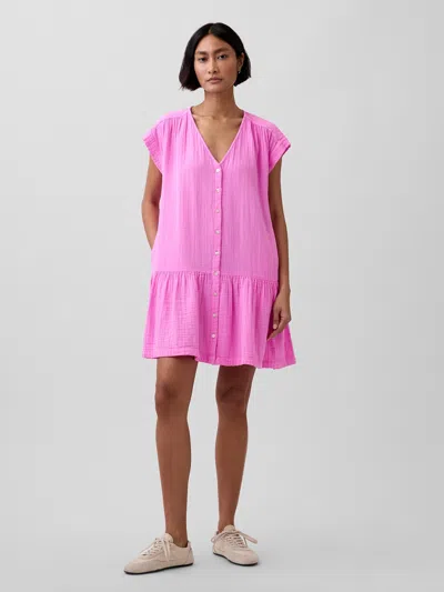 Gap Cotton Gauze V-neck Tunic Dress In Pink