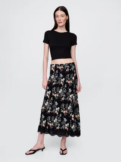 Gap Crepe Lace-trim Maxi Skirt In Black Floral