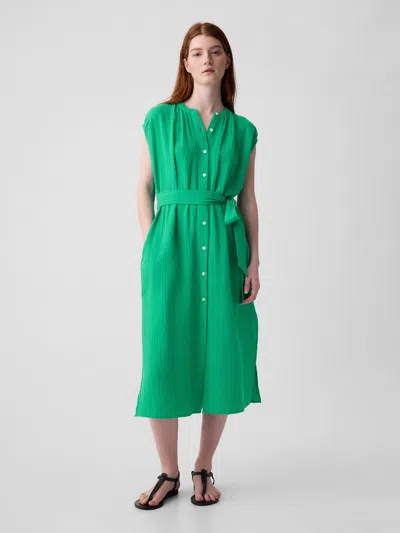 Gap Crinkle Gauze Belted Midi Dress In Simply Green