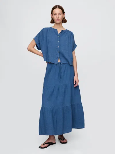 Gap Crinkle Gauze Denim Tiered Maxi Skirt In Medium Wash