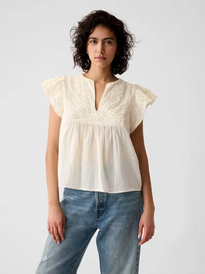 Gap Crinkle Gauze Embroidered Cropped Shirt In Chino Beige