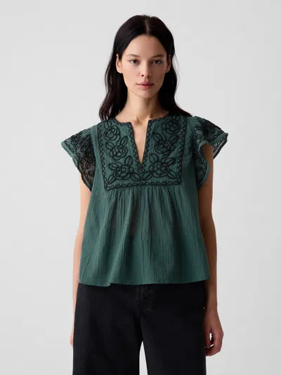 Gap Crinkle Gauze Embroidered Cropped Shirt In Green