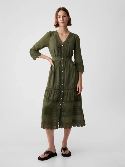 Gap Crinkle Gauze Lace Midi Dress In Olive Green