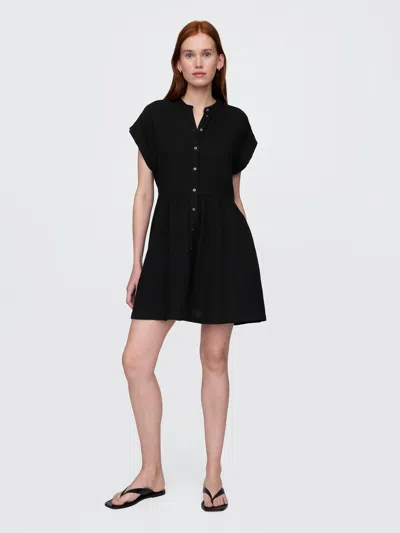 Gap Crinkle Gauze Mini Shirtdress In Black