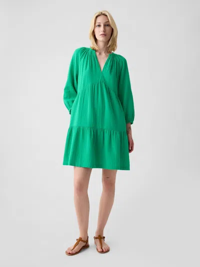 Gap Crinkle Gauze Tiered Mini Dress In Simply Green