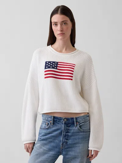 Gap Crochet Oversized Americana Crop Sweater In White