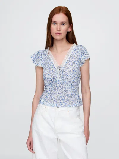 Gap Cropped Lace-trim Floral Top In Blue Floral