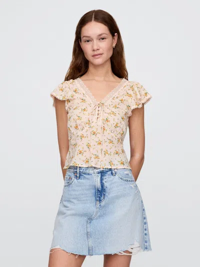 Gap Cropped Lace-trim Floral Top In Yellow Floral