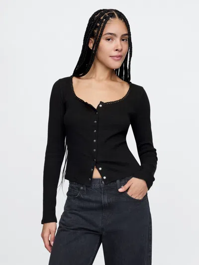Gap Cropped Pointelle Cardigan In Black