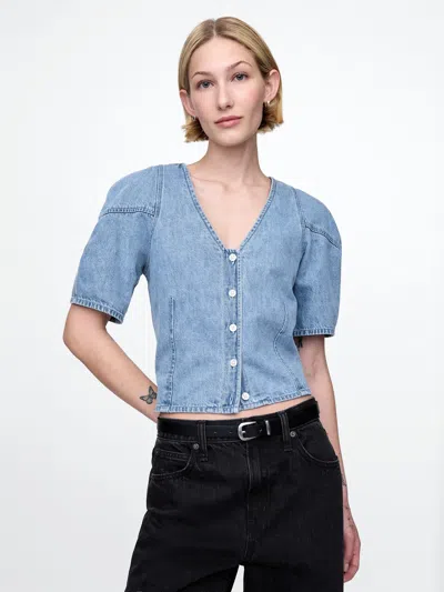 Gap Cropped Puff-sleeve Denim Shirt In Light Wash