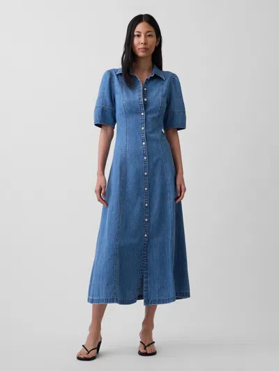 Gap Denim Barrel-sleeve Midi Shirtdress In Medium Wash