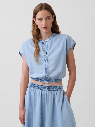 Gap Denim Cap-sleeve Crop Button-front Top In Blue
