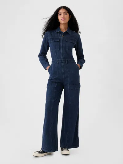 Gap Denim Cargo Jumpsuit In Dark Wash