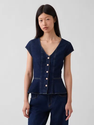 Gap Denim Fitted Cap-sleeve Peplum Top In Dark Wash