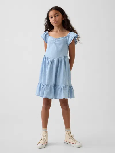 Gap Kids' Denim Flutter-sleeve Sweetheart Dress In Light Wash