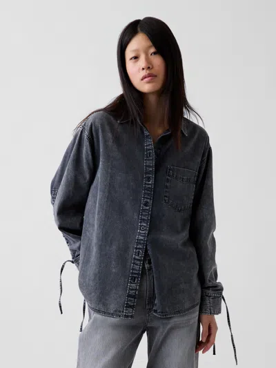 Gap Denim Oversized Ruched-sleeve Shirt In Gray