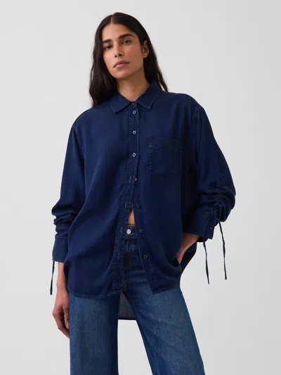 Gap Denim Oversized Ruched-sleeve Shirt In Blue