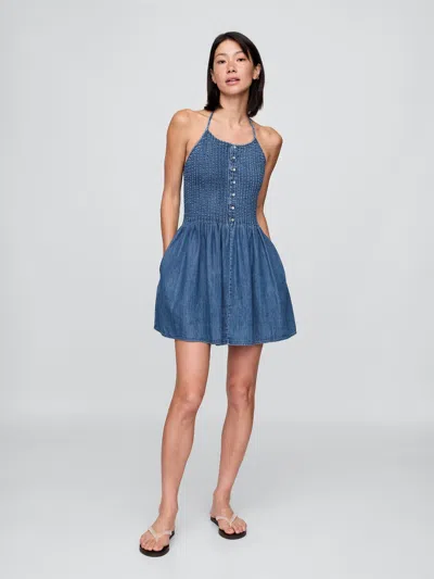 Gap Denim Pintuck Halter Mini Dress