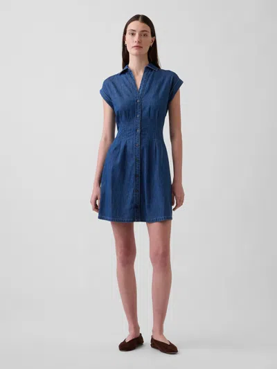 Gap Denim Pleated Mini Shirtdress In Medium Wash