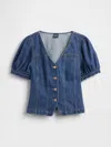 Gap Denim Puff-sleeve Seamed Top In Blue