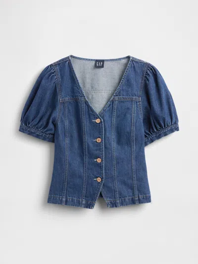 Gap Denim Puff-sleeve Seamed Top In Blue