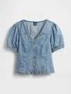 Gap Denim Puff-sleeve Seamed Top In Brown