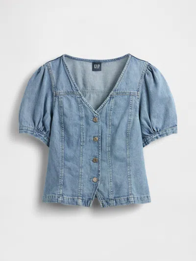 Gap Denim Puff-sleeve Seamed Top In Brown