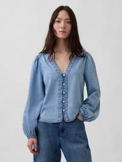 Gap Denim Puff-sleeve Top In Blue