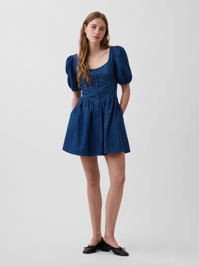 Gap Denim Puff-sleeve Sweetheart Mini Dress In Medium Wash