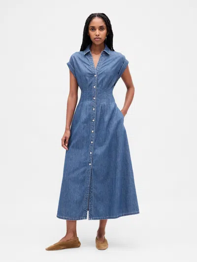 Gap Denim Roll-cuff Midi Shirtdress In Blue