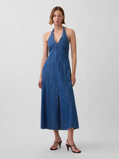 Gap Denim Seamed Halter Maxi Dress In Blue