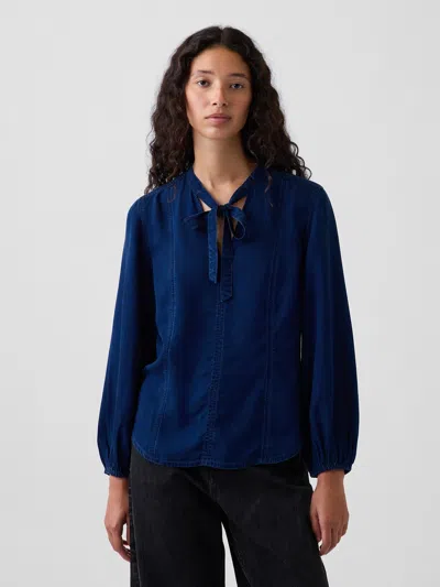 Gap Denim Seamed Tie-neck Shirt In Dark Wash